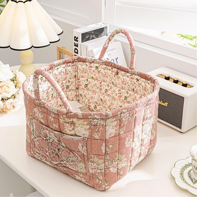 Mo&Cy Fabric Storage Basket with Handle – Collapsible Quilted Boho Floral Organizer for Laundry Room Organization,Clothes Basket,Toy Organizers and Storage,Diaper Caddy Basket(Soft Pink)