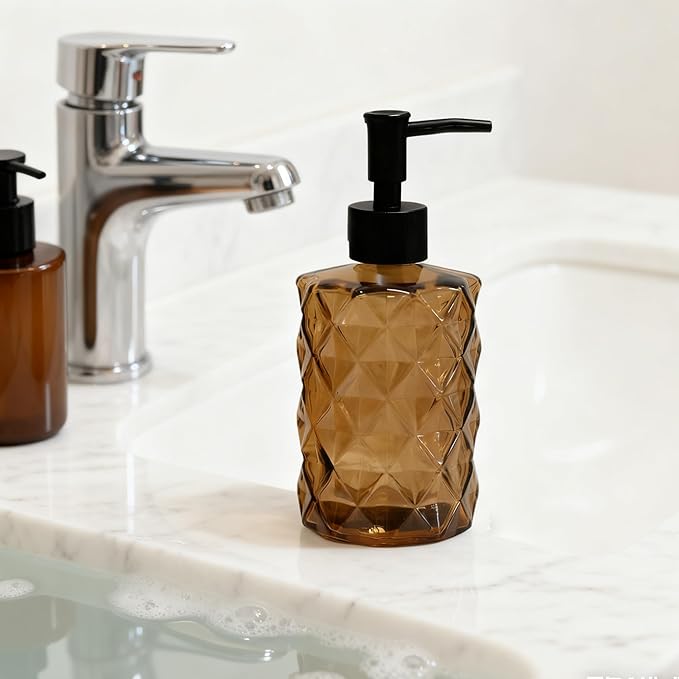 Brown Soap Dispenser, 12oz Black Pump Green Glass Soap Dispenser, Refillable Hand Liquid Dispenser Set, Lotion Dish Dispenser for Modern Home Decor, Bathroom, Kitchen Countertop(2 Pack)