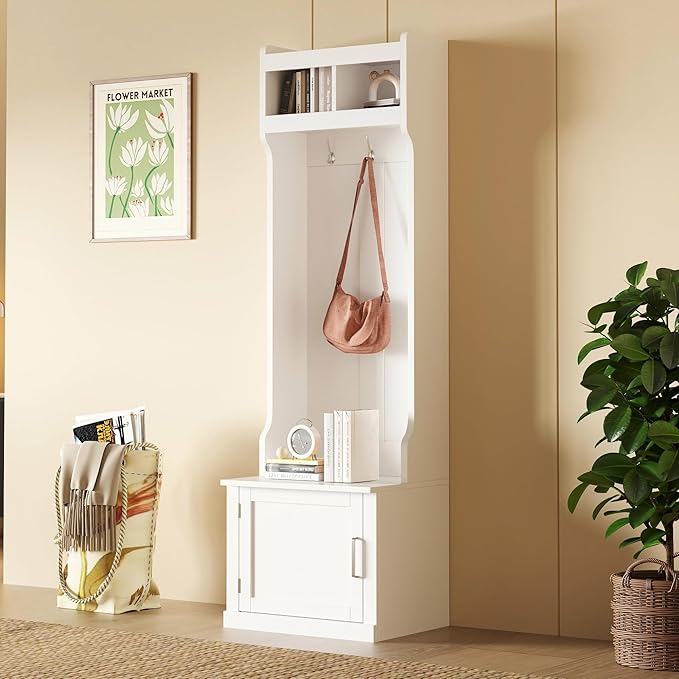 Minimalist Slim 78.7''H Hall Tree with Cabinet & 6 Hanging Hooks, Multi-Functional Storage Bench with Coat Rack, Elegant Foyer Cabinet for Mudrooms Organization Entryway Living Room (White-62s)