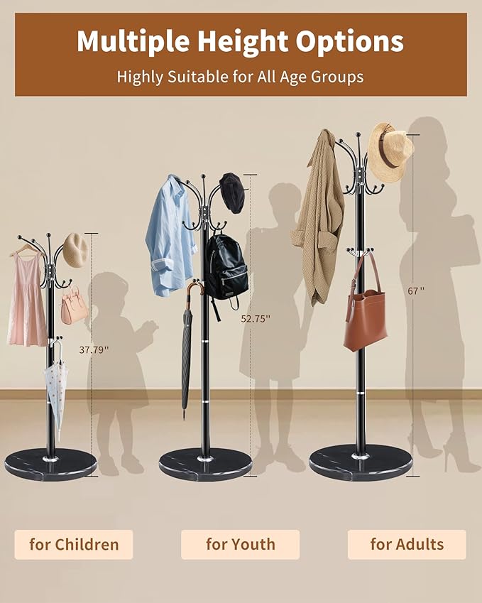 Metal Coat Rack with Natural Marble Base,360°Rotary Coat Rack Stand with 14 Hooks,Modern Freestanging Coat Racks, Black Coat Jacket Hanger Clothes Tree Stand for Entryway,Corner