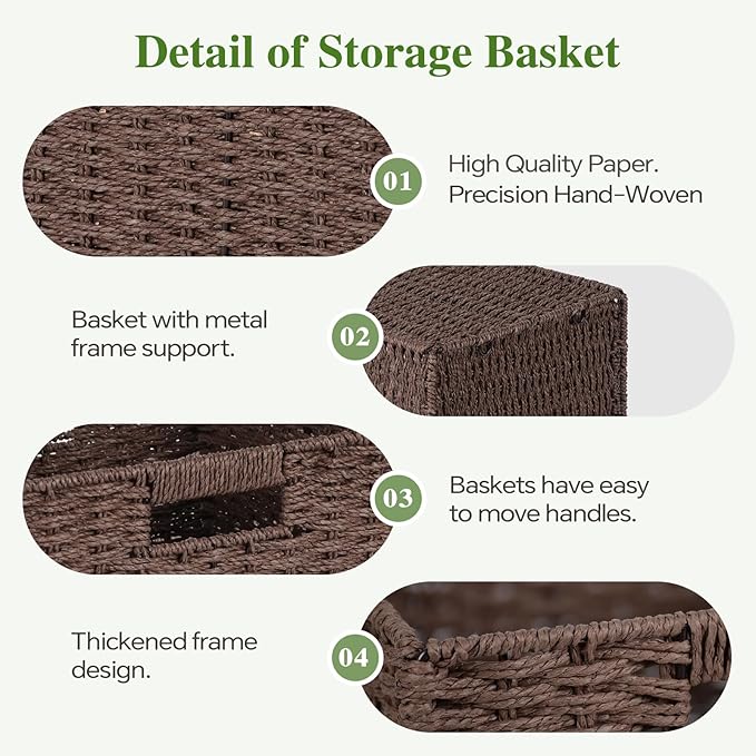 Woven Wicker Storage Baskets 4-Pack, 11x11 Handwoven Paper Rope Organizer Bins, Foldable Cube Storage Cubes with Built-in Handles for Shelves and Closet Organization(Dark Brown）