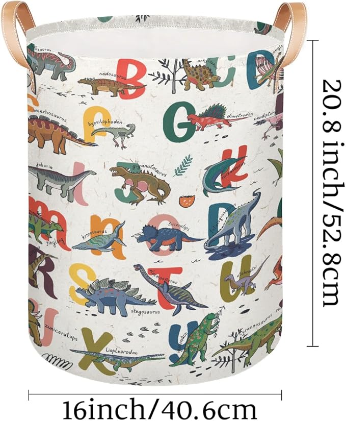Alphabet Dinosaur Large Laundry Basket - Cartoon Animal Kids Laundry Hamper with Handles - Collapsible Dirty Clothes Organizer Boys Toy Storage Bin Nursery Hamper for Bedroom Bathroom Decor