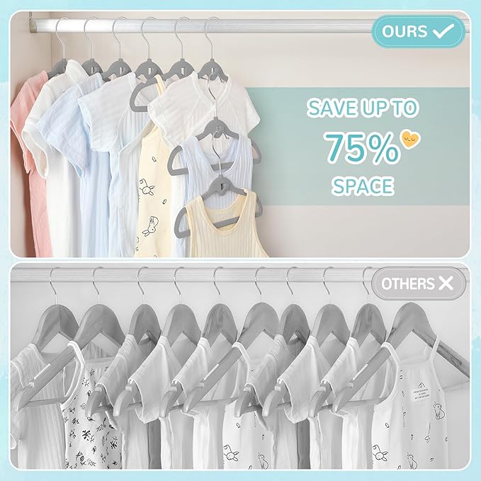 Baby Velvet Stackable Hangers 30 Pack, 11 Inches Gray Kids Clothes Hanger for Closet, Non Slip Toddler Infant Hangers for Nursery, Thin Space Saving Children Felt Hanger with 360° Swivel Hooks