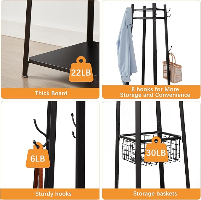 VECELO Coat Rack Freestanding,Hall Tree with Metal Basket and Storage Shelves,Industrial Coat Rack Stand with 8 Hooks for Hanging Coats/Hats/Bags/Umbrellas,18 x 18 x 72 In,Matte Black