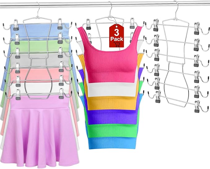 6 Tier Skirt Hangers Organizer, Metal Pants Hanger Space Saving with Adjustable Clips Holds 36 Skirts/Pants/Jeans/Shorts, 3 Pack Tank Tops Bra Hangers w/360°Rotating Hook