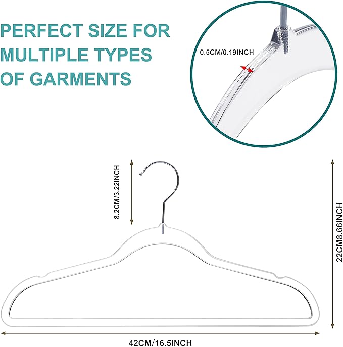 Quality Hangers Clear Plastic Hangers for Clothes | 10 Pack - 16.5 Inch | Heavy Duty Hangers Space Saving Crystal Acrylic | 360 Degree Swivel Hook and Notches (Clear, 10)
