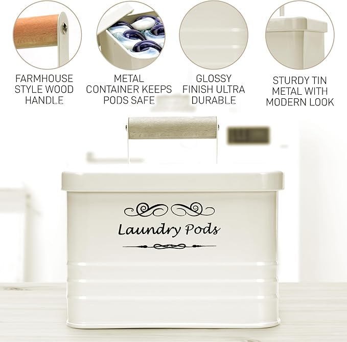 ElitaPro Modern Farmhouse Laundry Pods Container with Lid for Laundry Room Décor & Accessories, Laundry Room Organization (Ivory)