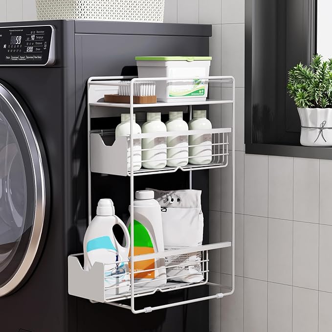 3 Tier Magnetic Shelves for Washing Machine with Pull Out Metal Drawer,Magnetic Spice Rack for Fridge,Magnetic Rack with no Installation, Versatile Storage Organizers for Home (White, 3 Tier)