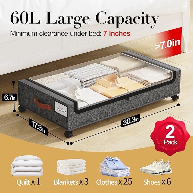 Yecaye Under Bed Storage with Wheels, 2 Pack Under the Bed Storage Containers with Lids & Label, XXL 60L Rolling Underbed Storage Drawers for Clothes, Blankets, Shoes, Hemp Gray