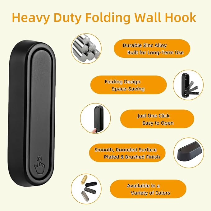 Folding Wall Hook for Coats Towels Bags Hats, Foldable Coat Hooks Wall Mounted, Decorative Heavy Duty Metal Hooks for Bathroom Closet Entryway Laundry Room, Matte Black （2PCS）
