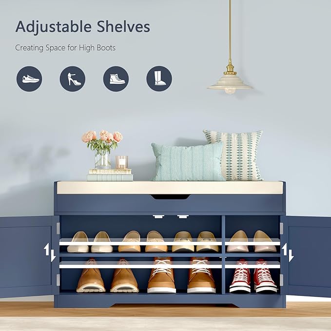 TEENFON 2-Tier Storage Bench, Shoe Bench with Adjustable Shelf & Lift Top Storage, Entryway Bench with Cushioned Seat,13.8"D x 36.2"W x 19.7"H, Shoe Organizer for Entryway, Living Room, Bedroom, Blue