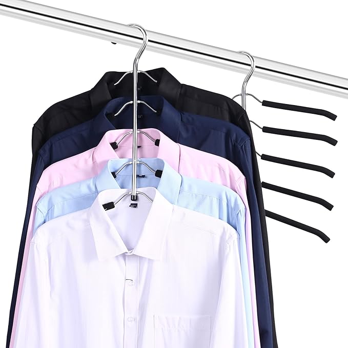 2 Pack 5 in 1 Metal Sweater Hangers Non Slip Stainless Steel Shirt Hangers Multi Layers Wardrobe Clothes Rack Heavy Duty Metal Space Saver Shirt Blouse Hanger Closet Storage Organizer