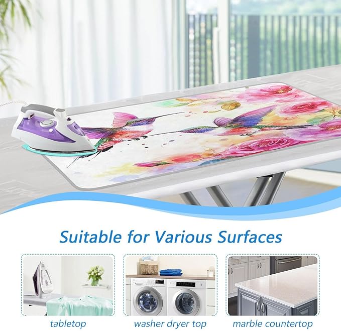 Watercolor Rose Pink Spring Hummingbird White Ironing Mat for Table top Portable Ironing Pad Blanket for Washer Dryer Countertop Travel