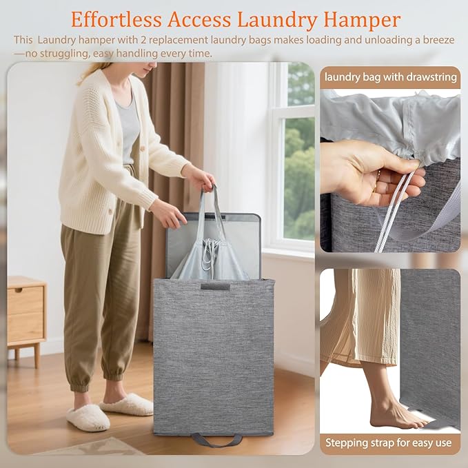 Foldable Laundry Hamper with 2 Removable Drawstring Bags,Portable Laundry Basket with Lid & Easy Carry Handle,Durable Clothes Hamper for Space-Saving Organizer in Bedroom,Bathroom,Dorm,Nursery,RV,Grey