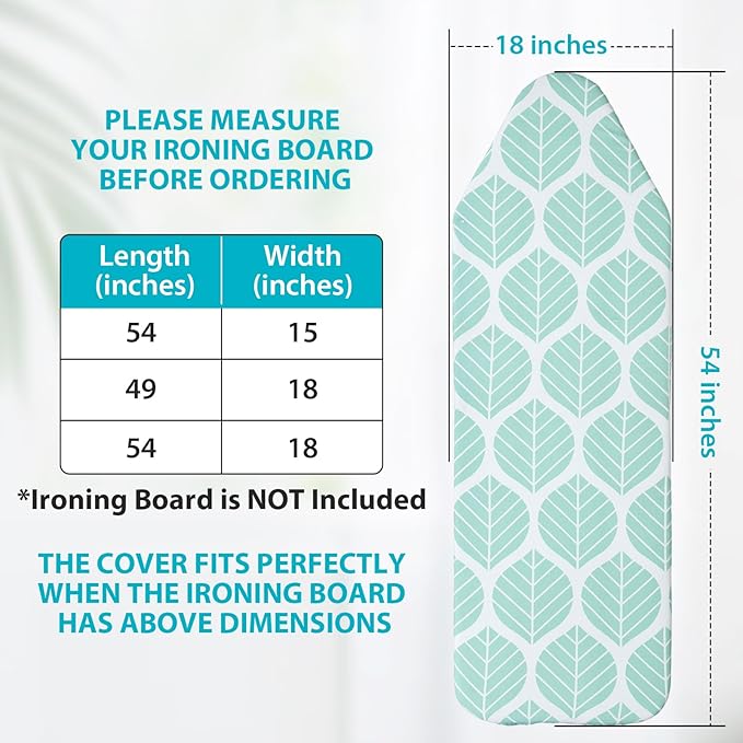 Seiritex Extra Wide Ironing Board Cover with Padding 18 x 54 inch Heat Reflective with Hook and Loop Fasteners, Thick Padding with Elasticized Edges, 3 Layers Iron Board Cover (Green Leaf)