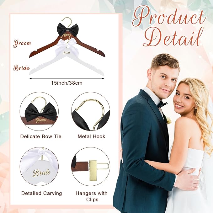 3 Pcs Bride and Groom Hangers for Dress Suit with Clips Wedding Wooden Hanger with Bow Tie for Mr and Mrs Shirt Tuxedo Suit Bridal Wedding Gift Bridesmaid Party Shower
