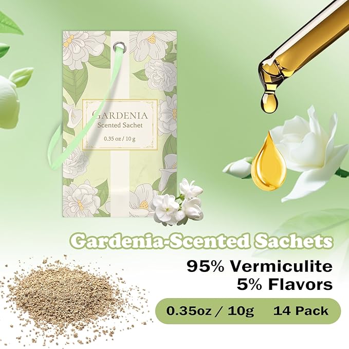 SCENTORINI Scented Sachets for Drawers and Closets, Gardenia Scent 14 Pack, Long-Lasting Sachets Bags, Closet Freshener Sachet for Wardrobe Freshener, Cupboard, Suitcases, Handbags