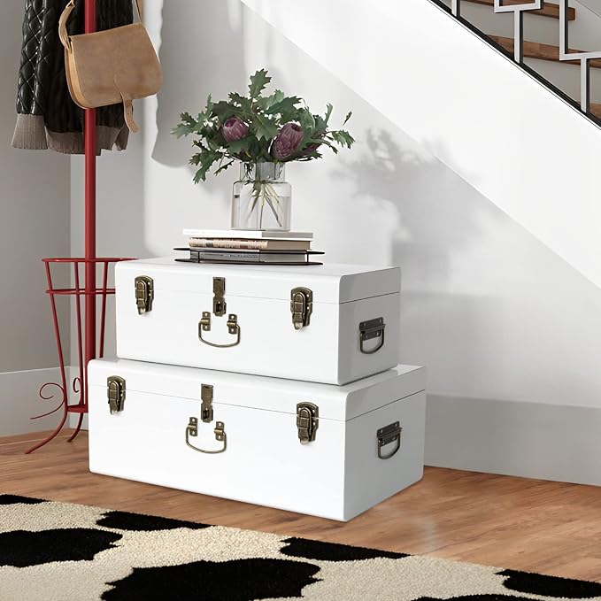 Vixdonos Decorative Metal Box Storage Trunks Set of 2 College Dorm Chest with Handle (White with Bronze Latches)