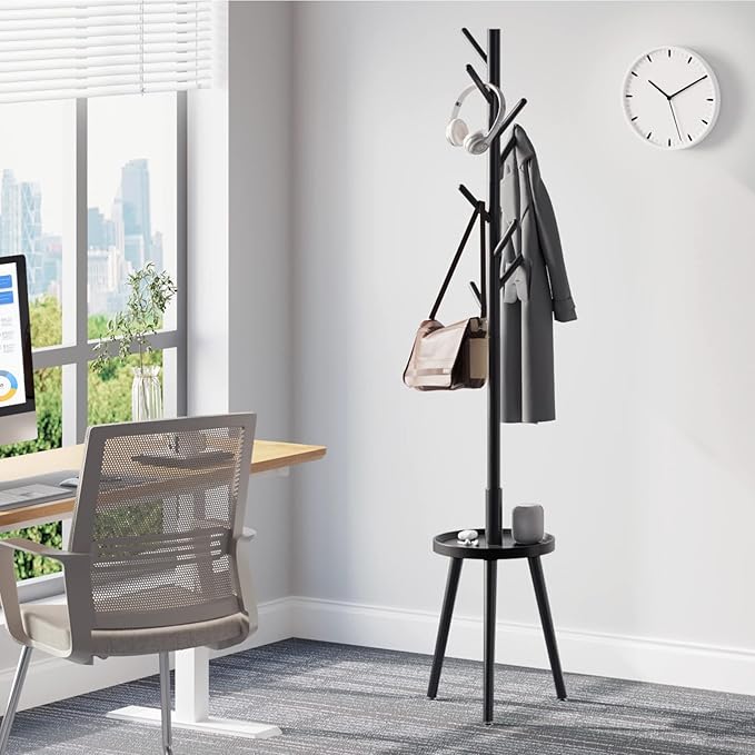 GREENSTELL Coat Rack with 8 Hooks, Wooden Coat Rack Freestanding with Shelf, Coat Tree with 4 Height Options 50.5"-72.6", Coat Hanger Stand for Bags, Clothes, Umbrellas, Hats, in Home, Black