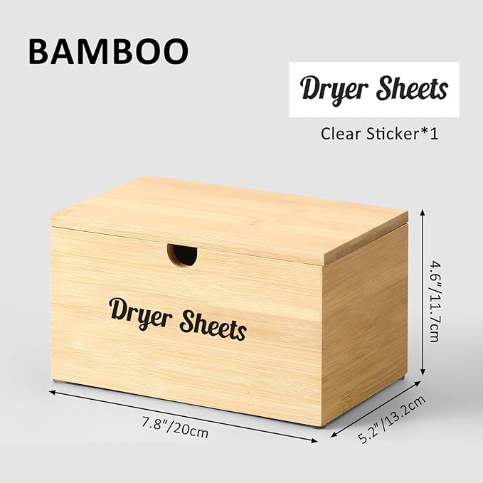 Bamboo Dryer Sheet Holder with Lid, Dryer Sheet Container for Laundry Room, Laundry Sheets Dispenser Box, Storage Organization for Fabric Softener Sheets