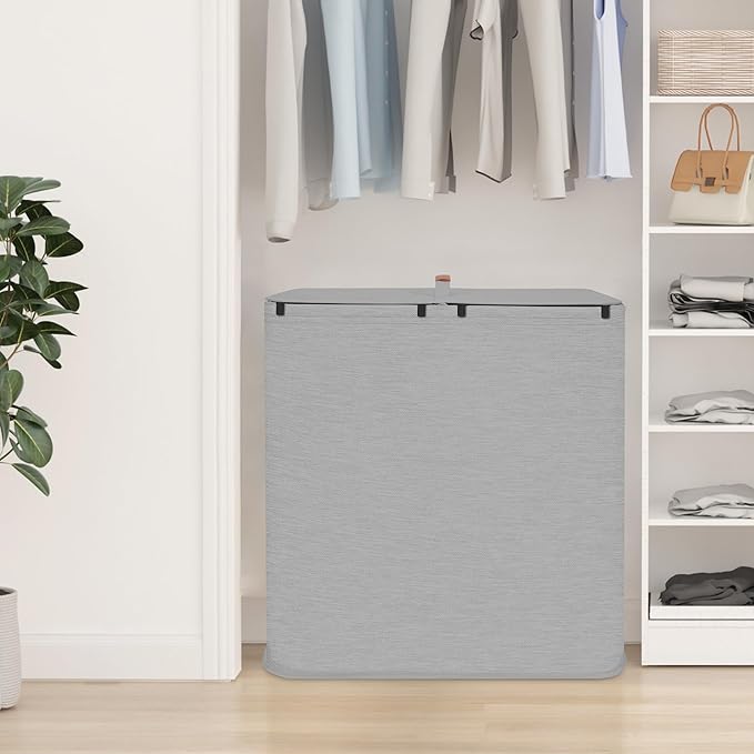 STORAGE MANIAC Double Laundry Hamper, 136L Laundry Sorter with Lid and Removable Bags, Clothes Hamper, Large 2 Section Clothes Basket with Handles for Small Space, Dorm, Closet, Bathroom, Gray