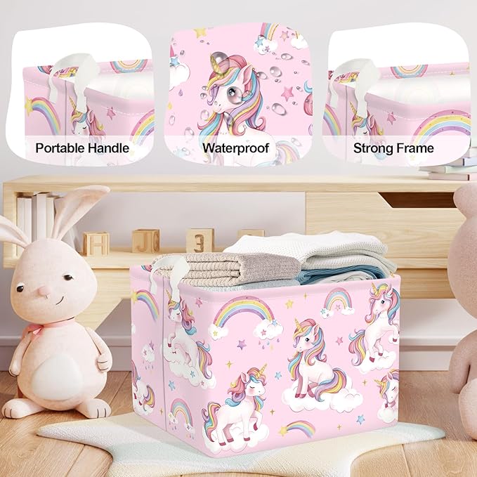 Unicorn Laundry Hamper Large Storage Basket Rainbow Clouds Collapsible Parents Organizer Kids Toy Clothes Bins for Bedroom, Bathroom, Stars, 36L