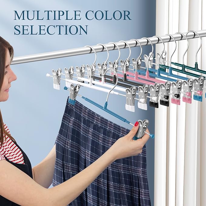 Pants Hangers with Clips 10 Pack Adjustable Skirt Hangers for Women Non-Slip Trousers Hanger for Jeans Clothes Hangers for Pants Heavy Duty Space Saving Shorts Hangers,Blue,12Inch
