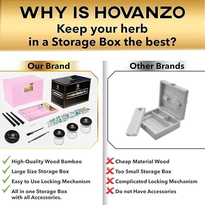 HOVANZO Premium Large Bamboo Storage Box with Removable Tray - Storage Wood Box for Herbs and Accessories - Storage Box Set with Combination Lock - Smell Proof Container with Accessories