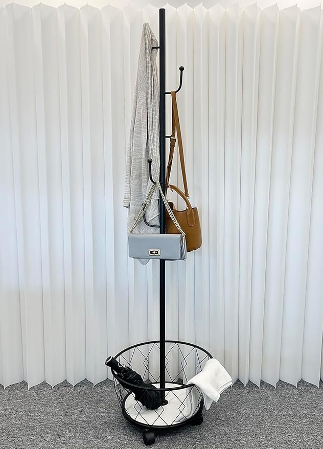 Black Cactus shaped Coat Rack Hanger Freestanding, Metal Clothes Rack with Basket 6 Hooks to Hang Clothes, Hat, Bag for Entryway, Hallway, Bedroom