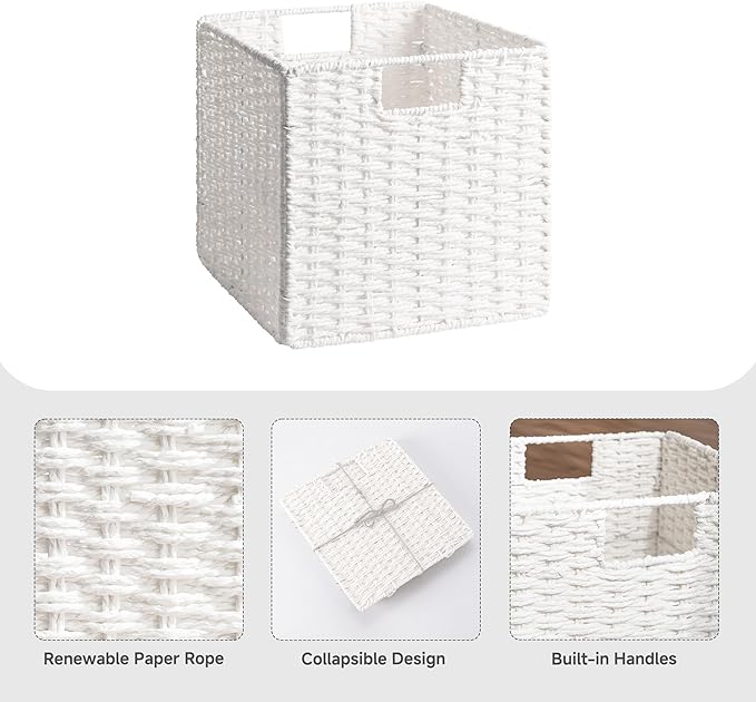 StorageWorks 11 inch Wicker Storage Cubes, Handwoven Cube Storage Bin, Square Cubes Basket, Foldable Paper Rope Basket for Organizing, White, 2 Pack