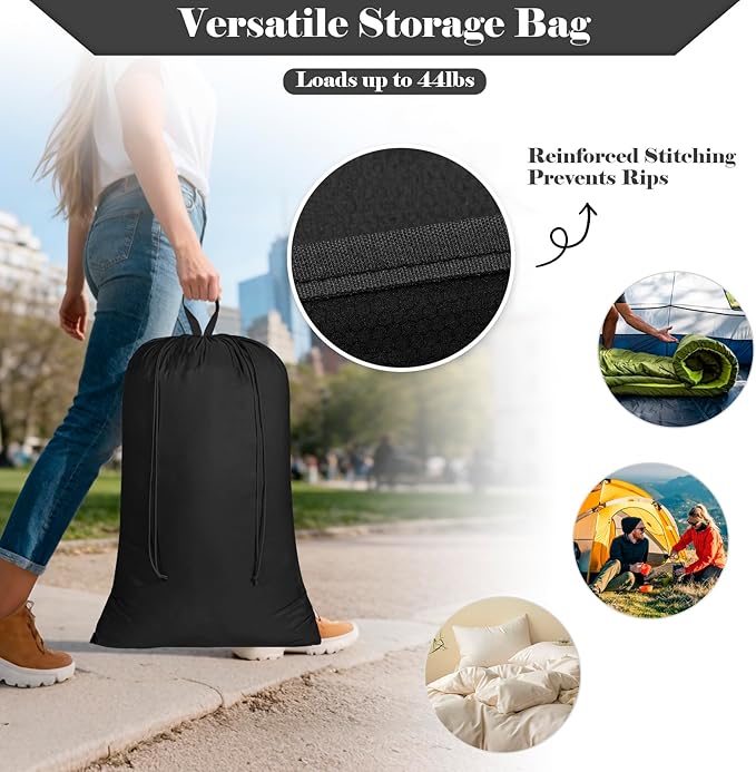 Laundry Bag, Extra Large Travel Laundry Bags with Handles & Drawstring Closure, 24"x 36" Dirty Clothes Storage Bag, Basket Hamper Liner, Organizer Sack for Laundry Room, Camping, Black