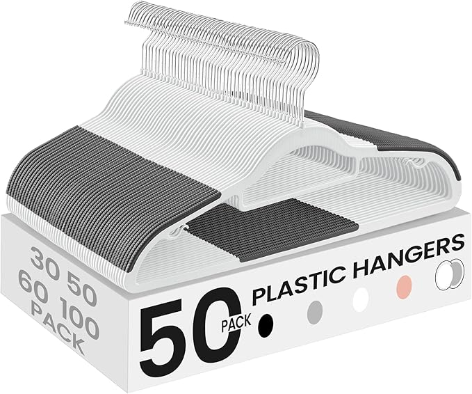 SONGMICS Pack of 50 Coat Hangers, Heavy-Duty Plastic Hangers, Clothes Hangers, White and Dark Gray UCRP020W02