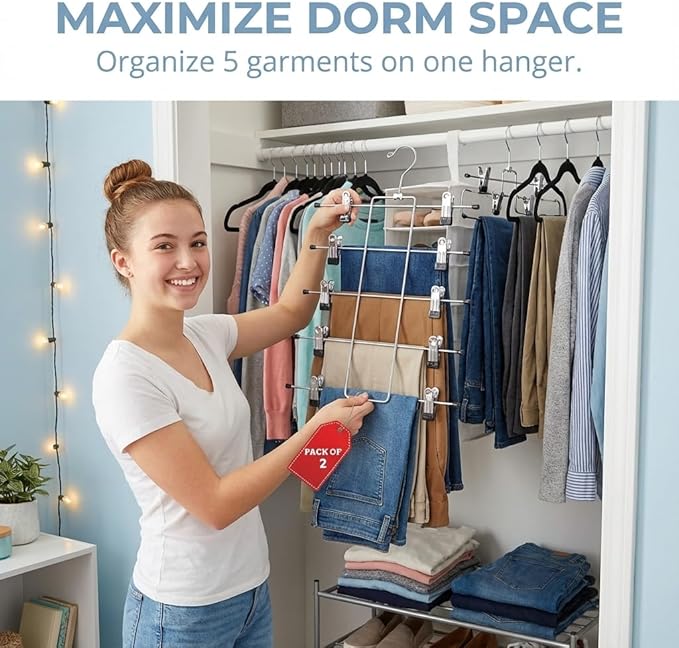 5 Tier Metal Hangers with Clips - Pack of 2 Space-Saving Wire Hangers, Heavy Duty Stainless Steel Clothes Hangers for Pants, Skirts, Scarves, and Jeans - Ideal for Closet Organization