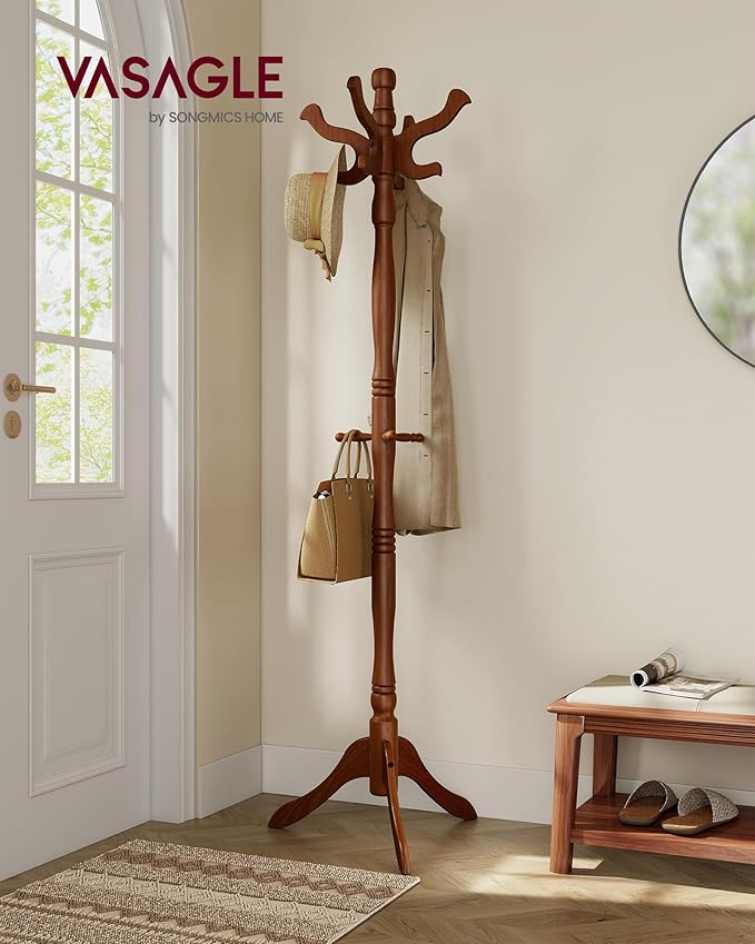 VASAGLE Coat Stand, Solid Wood Freestanding Coat Rack with 11 Hooks, Hall Tree for Bags, Purses, Hats, for Entryway, Hallway, Rubberwood, Caramel Brown URCR05WN