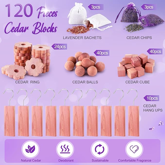 Demissle 120 Pieces Cedar Blocks for Clothes Storage Includes Cubes, Balls, Rings, Pendants, Pouches, Lavender Sachets for Closets and Drawers, Fresh Scented Sachets