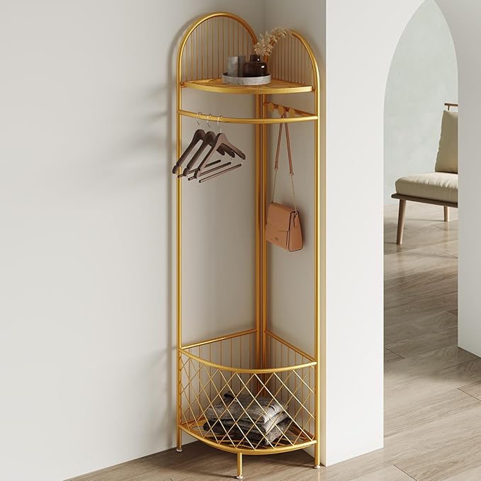 corner coat rack,corner hall tree,metal clothes rack,gold clothing rack with storage basket and hooks for bedroom,living room,entryway.corner storage rack for clothes.