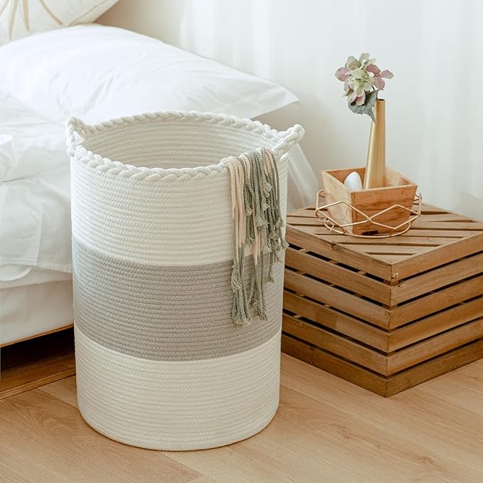 72L Woven Laundry Basket,Tall Wicker Laundry Basket for Blankets,Clothes,Pillows,Toys,Shoes Large Cotton Laundry Hamper for Bedroom,Living Room,Bathroom