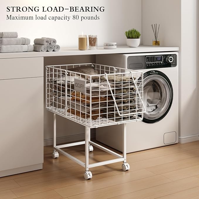 Rolling Laundry Cart, 80L Wire Laundry Hamper Basket on Wheels, Dirty Clothes Basket with Handle, Metal Clothes Hamper Organizer for Laundry Room, Bathroom, Bedroom, Dorm, White