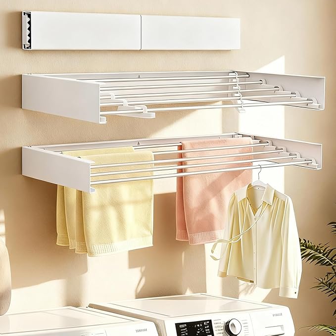 Wall Mounted Drying Rack for Laundry 31.5” Retractable Clothes Dryer Racks with 60 lb Capacity, Heavy Duty Clothing Drying Rack Foldable Space-Saving Design for Indoor & Outdoor
