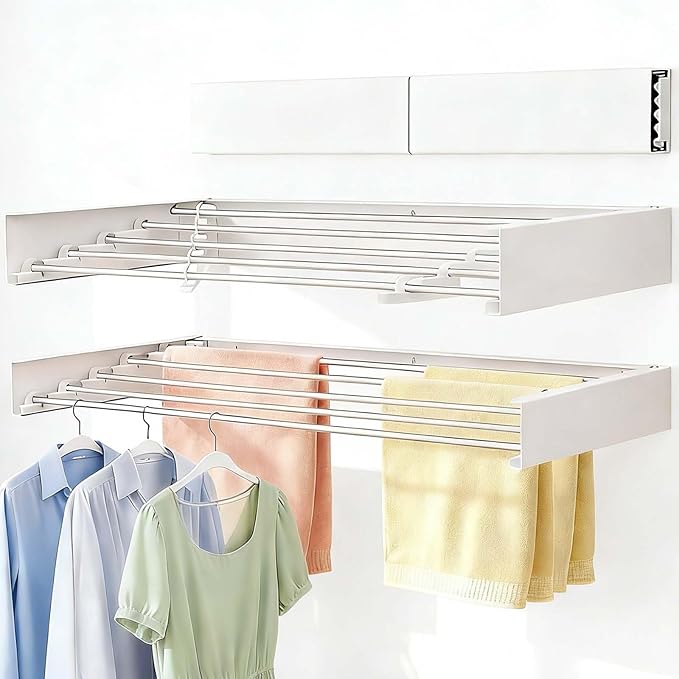 Wall Mounted Clothes Drying Rack 32", Collapsible Space Saving Laundry Drying Rack with 50 lb Capacity, Laundry Room Organization for Clothes, Foldable, 5 Rods, White