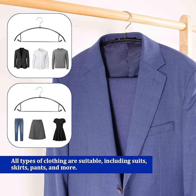 30 Pack Non Slip PVC Coating Metal Clothes Hangers No Shoulder Bump,Built-in Shoulder Hook and Bottom Rod,Suitable for Sweaters,Suits,Shirts,Skirt,Jackets (Black, 30 Pack)