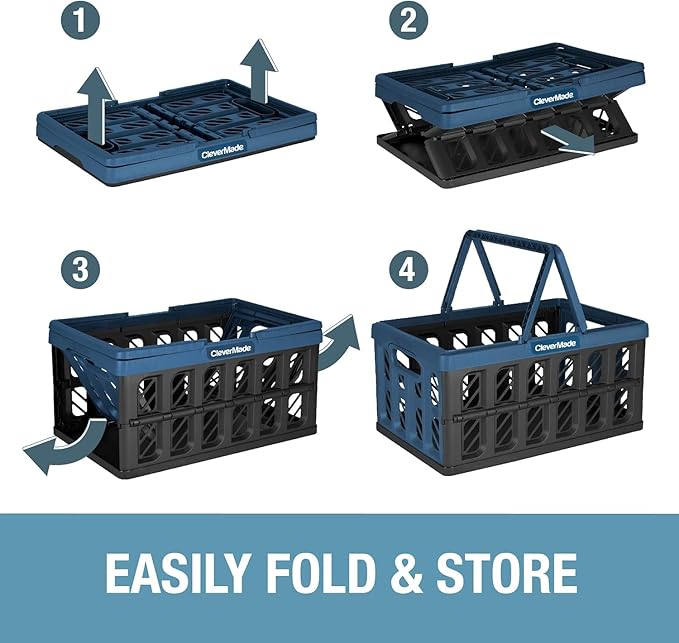 CleverMade Collapsible Shopping Basket, Stone, 3PK - 24L (6 Gal) Reusable Plastic Grocery Shopping Baskets, Holds 25lbs Per Basket - Small Foldable Storage Crates with Handles