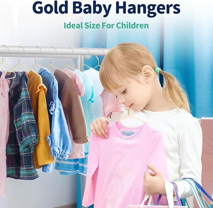 SPECILITE 60 Pack 11.8” Gold Kids Baby Metal Hangers with Notches for Toddler Clothes, Shirt, Children Coats, Infant Dress, Pants, 0.12" Thick Space Saving, Heavy Duty