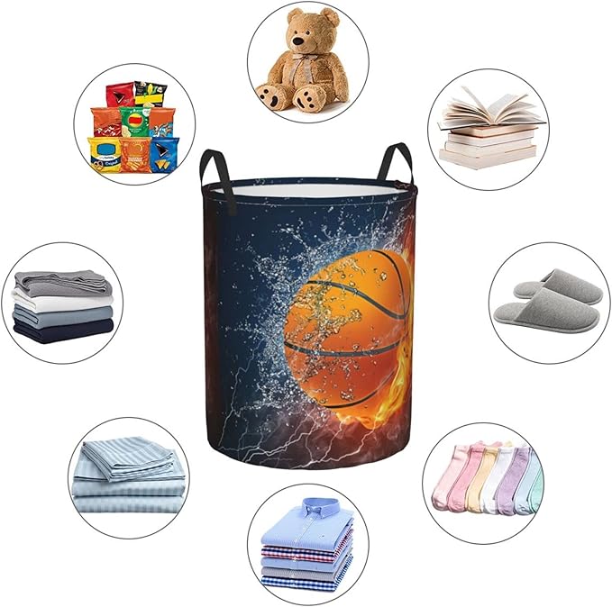 Dujiea Basketball Ball in Fire and Water Laundry Basket Round with Handle, Collapsible Foldable Canvas Storage Bin Dirty Clothes Bag for Laundry/Toys Organizer/College Dorm/Nursery/Decor(2 Sizes)