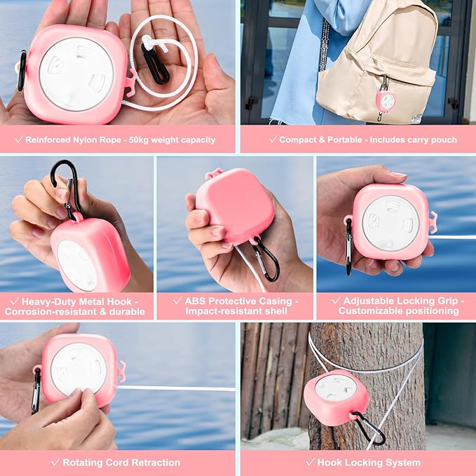 6 Pack Fodable Travel Hangers with Clips & Adjustable Clothesline, Portable Collapsible Hangers with Storage Bag for Suitcase, Hotel, RV, Cruise Essentials Set (Pink)