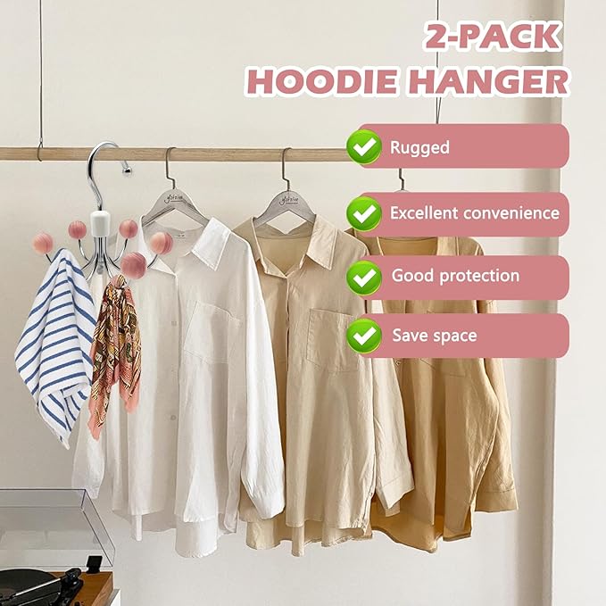 Hoodie Hangers 2-Pack with 6 Cedar Balls, 360°Swivel Purse Hanger, Closet Hooks, Handbag Organizer, Scarf Hanger, Bra Hanger, Accessory Organizers for Scarf