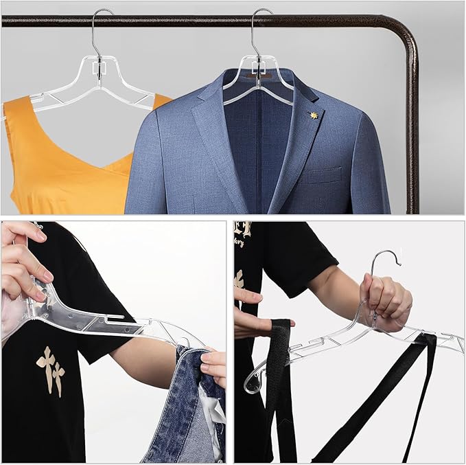 12 Pack Clear Plastic Hangers,Shirt Hanger Clear Hangers with 360 Swivel Metal Hook,Heavy Duty Dress Hangers Coat Hangers for Clothes Shirts Dresses,16.7 Inch