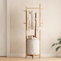 Solid Wood Coat Rack with Fabric Basket - Coat Hanger Stand Coat Tree Rack Freestanding with 9 Hooks Wheels, Small Clothes Rack For Entryway Bedroom Hallway Living Room