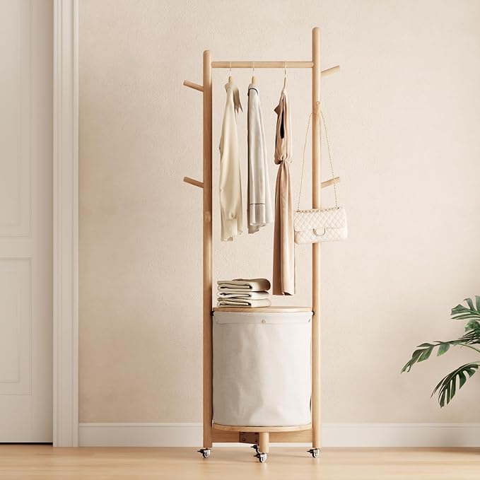 Solid Wood Coat Rack with Fabric Basket - Coat Hanger Stand Coat Tree Rack Freestanding with 9 Hooks Wheels, Small Clothes Rack For Entryway Bedroom Hallway Living Room