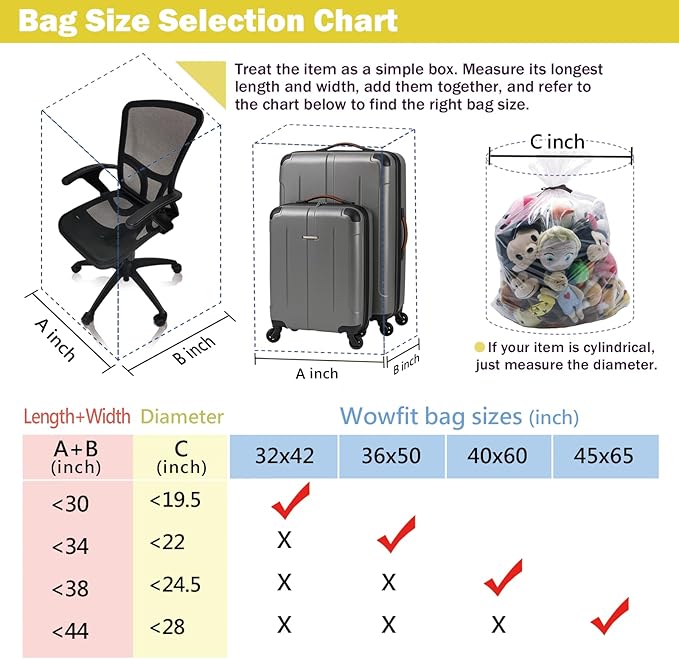 Wowfit 5 CT 40x60 inches Extra Large Clear Plastic Bags Perfect for Car Seat, Luggage, Suitcase, Stroller, Chair, Kids Bike and Attic Storage (2 Mil Flat Bags, Include 5 Ties)